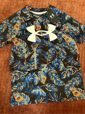 Under Armour Boy’s Black Tropical-Print Performance Tee - Blue & Orange